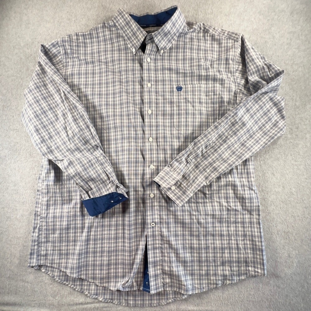 Cinch Mens Gray/Blue Plaid Button Down Shirt Long Sleeve Western Cotton Blend XL